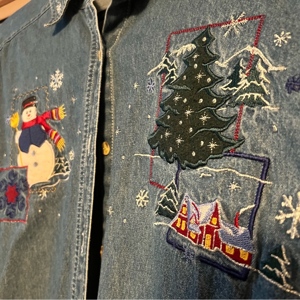 Festive Denim Shirt with Embroidered Holiday Designs